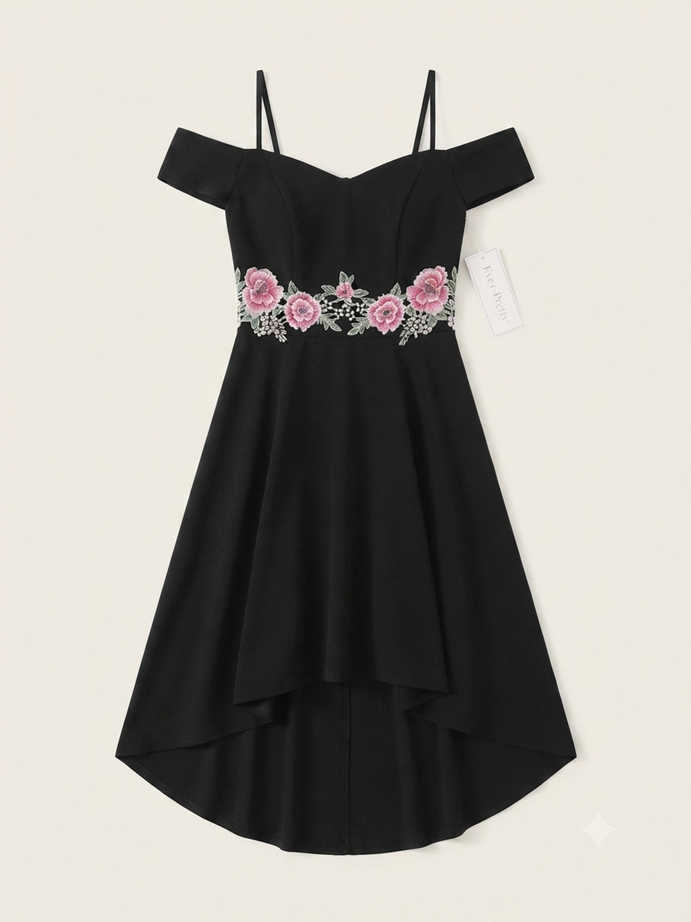 Premier Amour Black High-Low Dress NWT Size 8 Floral Embroidered Off Shoulder